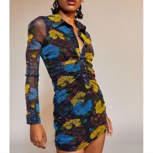 Urban Outfitters Black Mesh Mini Dress with Blue & Yellow Floral Print